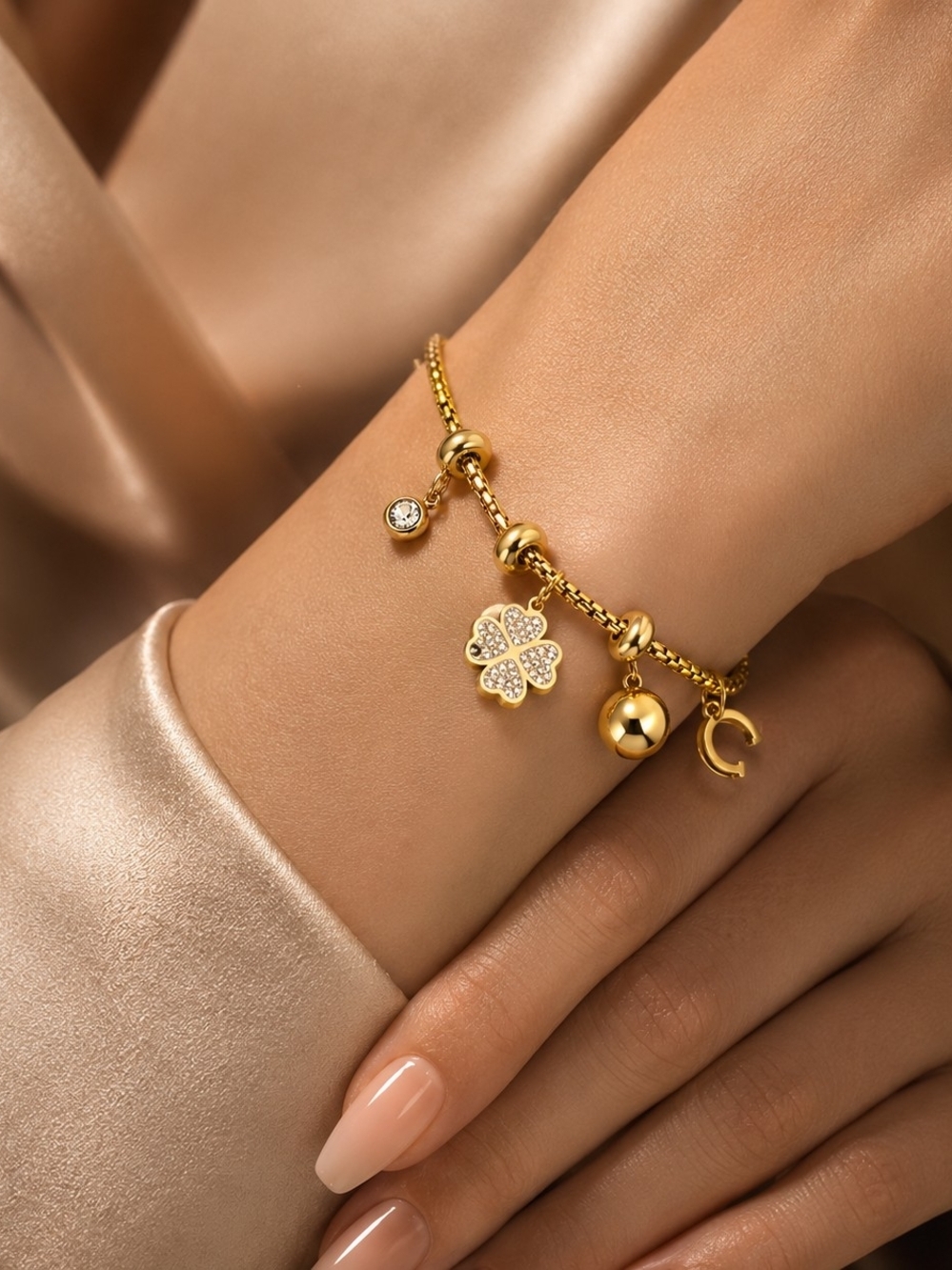 Gold Clover Charm Bracelet with Crystal Accent